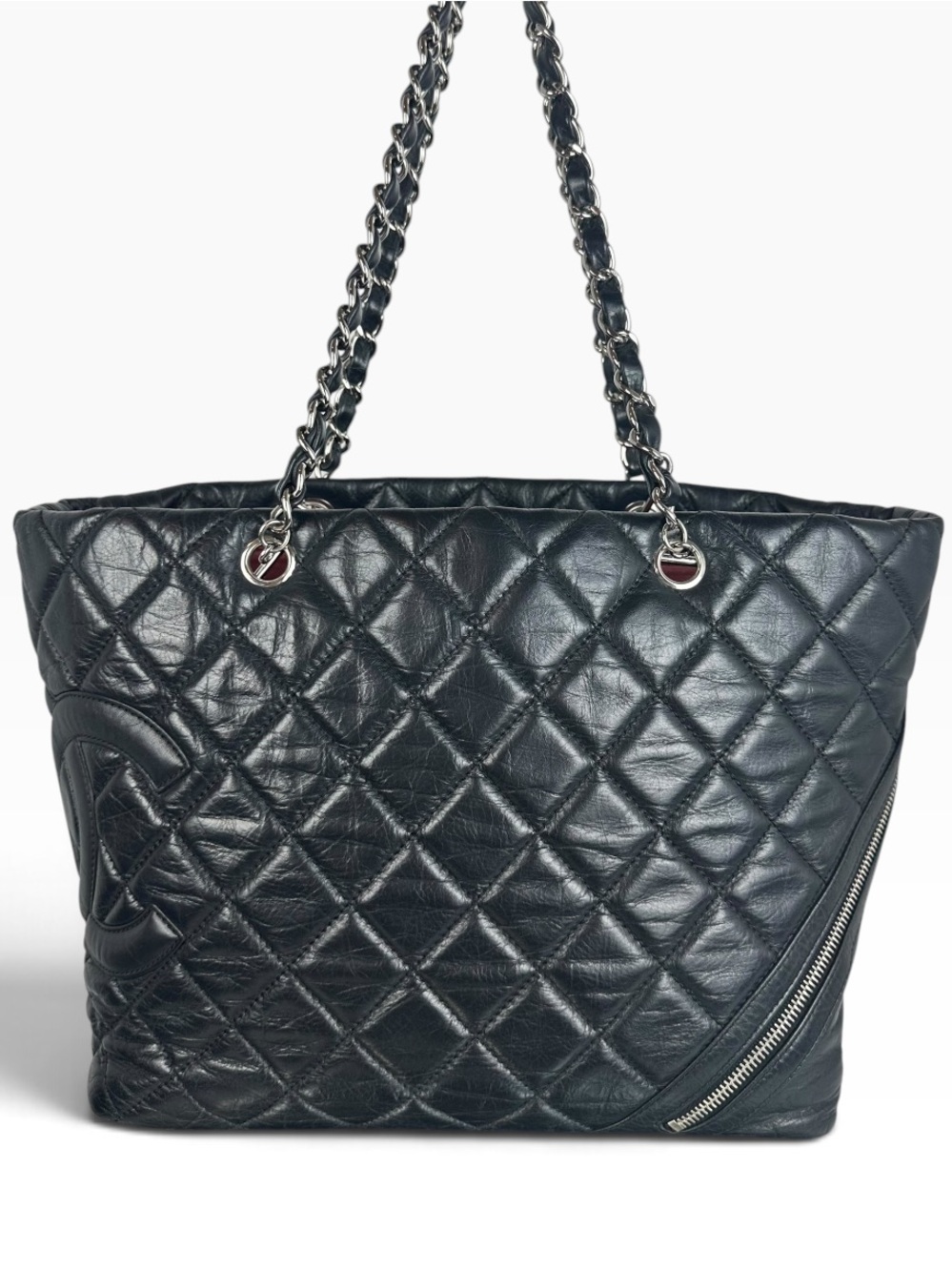 Chanel Black Quilted Leather Large Tote Bag CC Logo Chain Shoulder Bag Red Inter